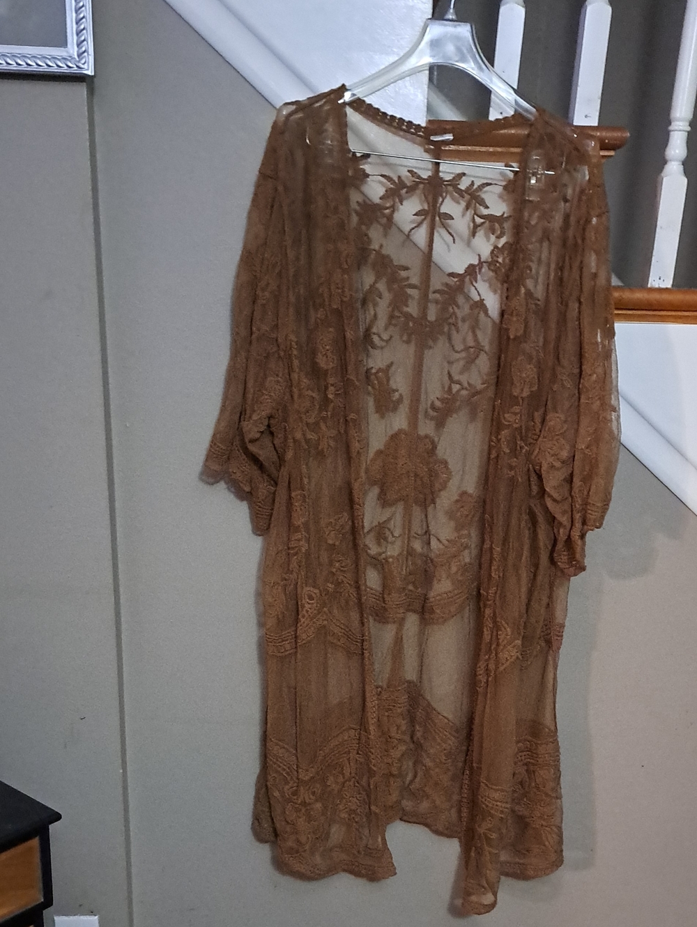Brown Sheer Lace Kimono Duster